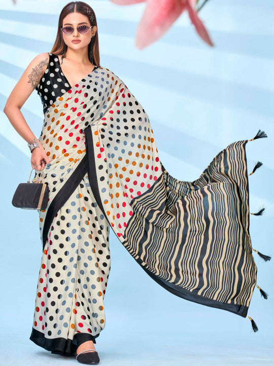 Tikhi Imli Polka Dot Satin Ready To Wear Saree With Blouse Piece