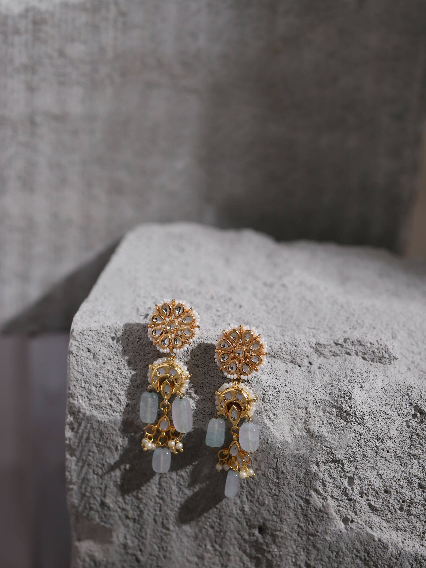 Gold-Toned White Kundan Contemporary Gold-Polished Drop Earrings - Ruby Raang