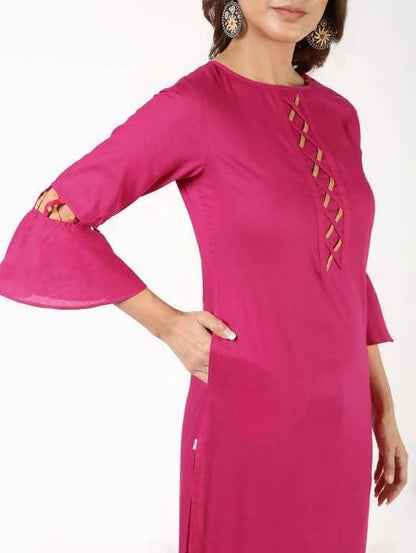 Aniyah Cotton Criss Cross Bell Sleeves Magenta Straight Kurta (AN-144K)