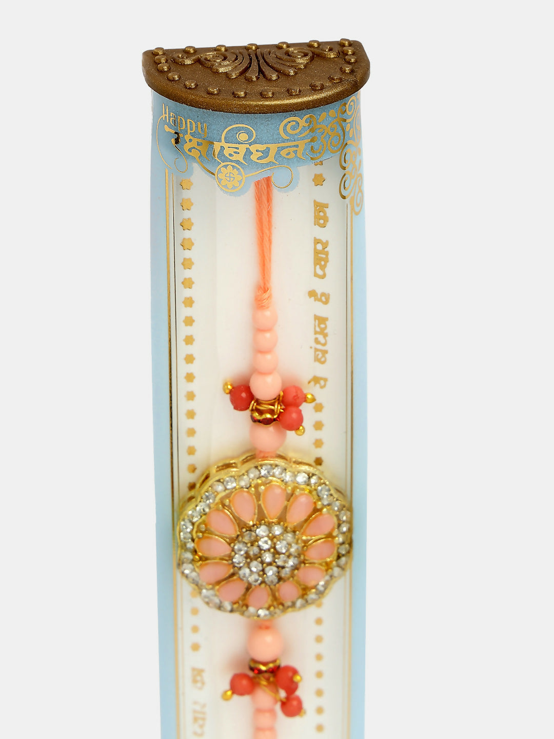 NVR Men Pink Stone-Studded Rakhi With Roli Chawal & Chocolate