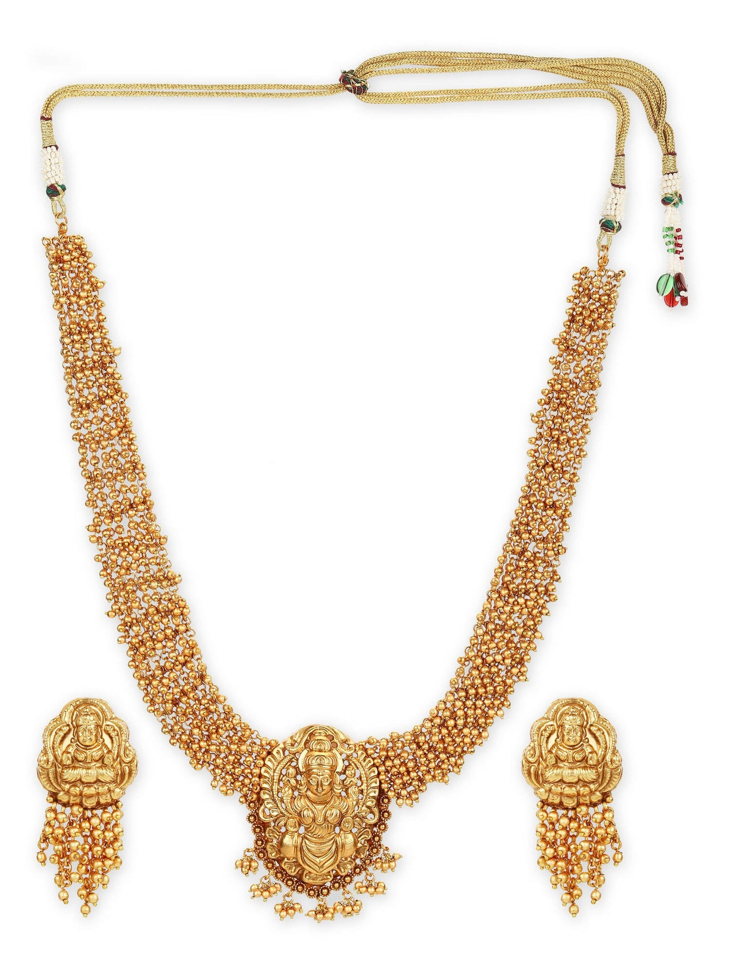 Gold-Polished Pearls Beaded Temple Jewellery Set - Ruby Raang