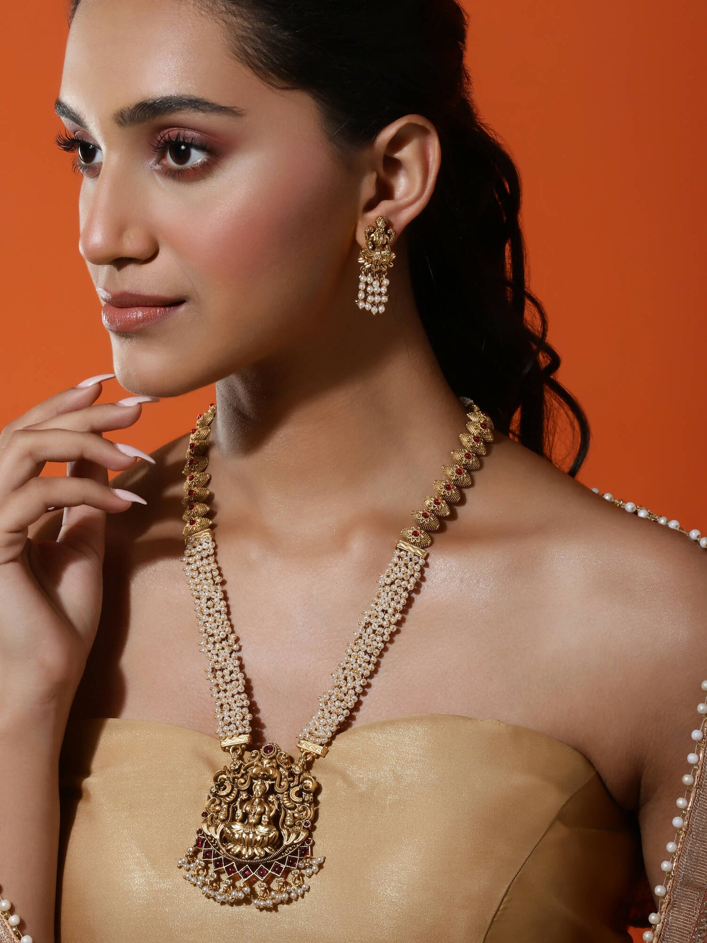 Gold-Polished Pink White Stones-Studded Beaded Jewellery Set - Ruby Raang