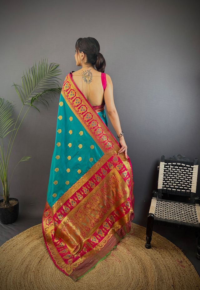 Elora Teal Soft Silk Butti Zari Weaving Constrast Pallu Banarasi Saree