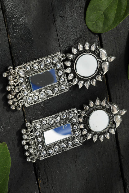 Mominos Fashion Joharkamal Silver-Plated Mirror Design Drop Earrings For Women