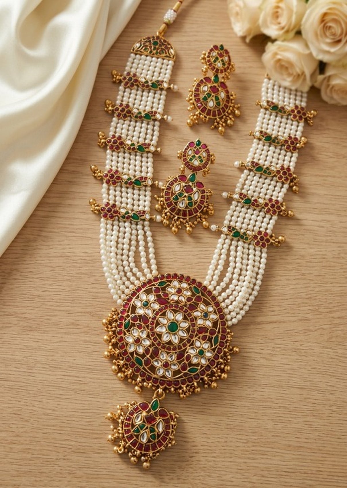 Jewel City Gold Plated Long Kundan Haram Pearl Necklace Set with Round Pendant & Earrings for Indian Bridal Wedding Jewelry