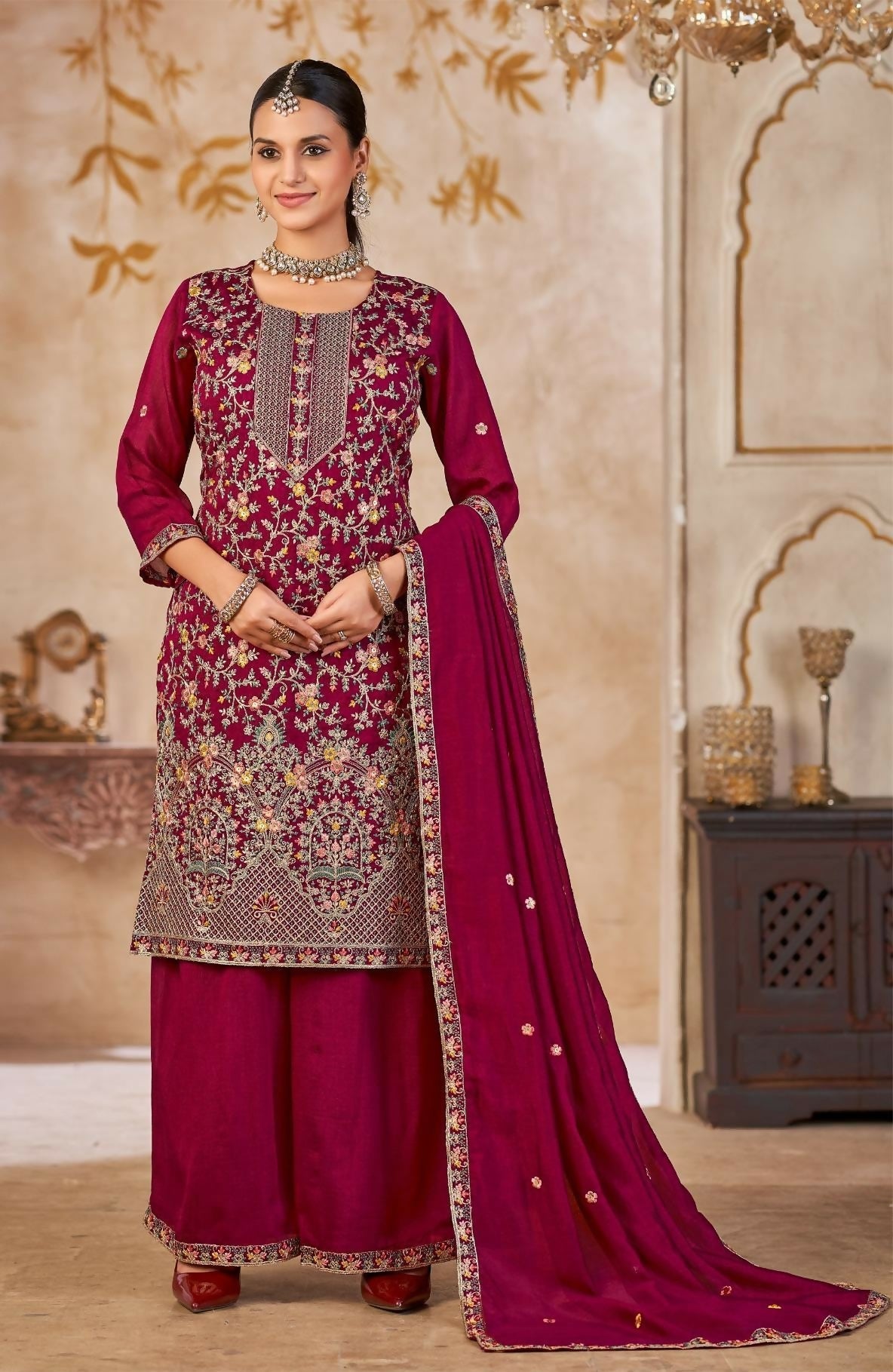 Anaita Maroon Vichitra Silk Readymade Palazzo Suit with Embroidery & Lace Work