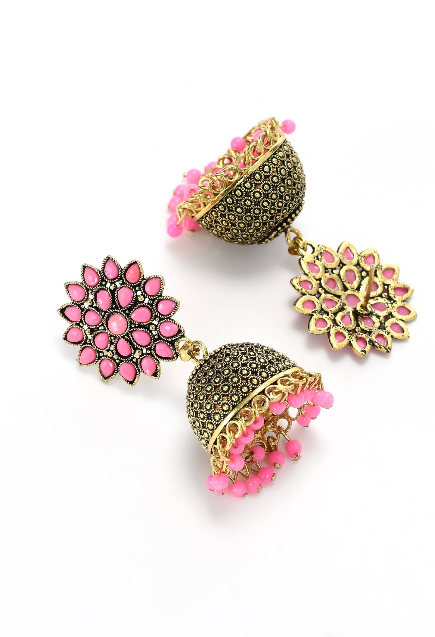 Mominos Fashion Johar Kamal Beautiful Kundan Work Jhumka With Baby Pink Beads