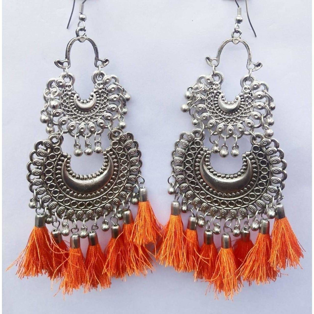 MS Fashion India Orange Silk Threads Double Chandbali Long Afghani Earrings