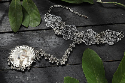 Mominos Fashion Kamal Johar Oxidised Silver-Plated Floral Design Bracelet