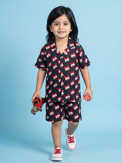 Breathables Woven Cotton Half Sleeves Mickey Mouse Shirt & Shorts Black