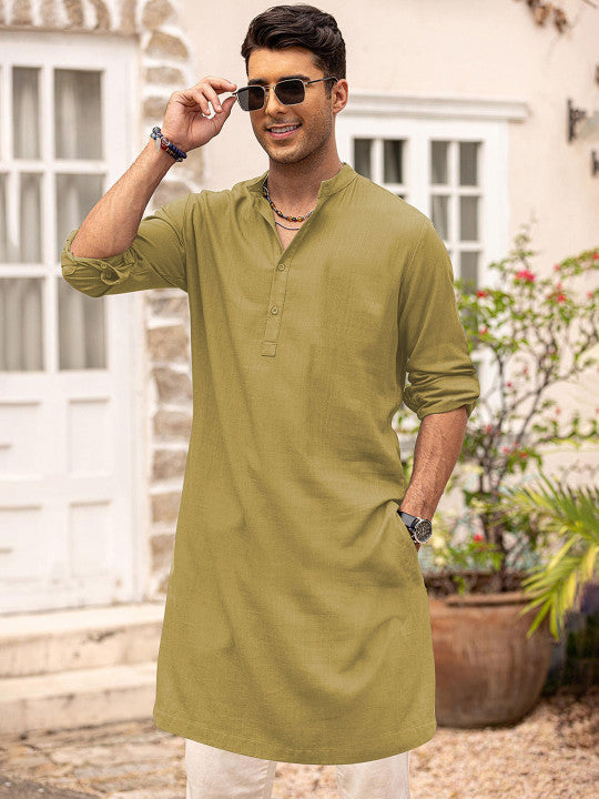 Anouk Men Solid Long Kurta Yellow