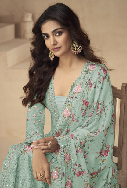 Anaita Sea-Green Chinon Readymade Suit with Embroidery Sequence Work