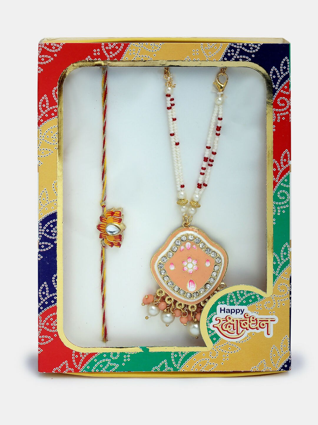 NVR Women & Men Set of 2 Peach Lotus Shape Kundan Stone-Studded & Beaded Bhaiya Bhabhi Rakhi With Roli Chawal