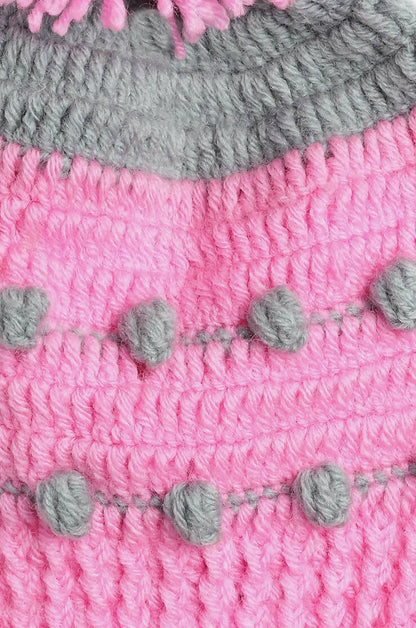 Chutput Kids Woollen Hand Knitted Pom Pom Detail Cap - Pink