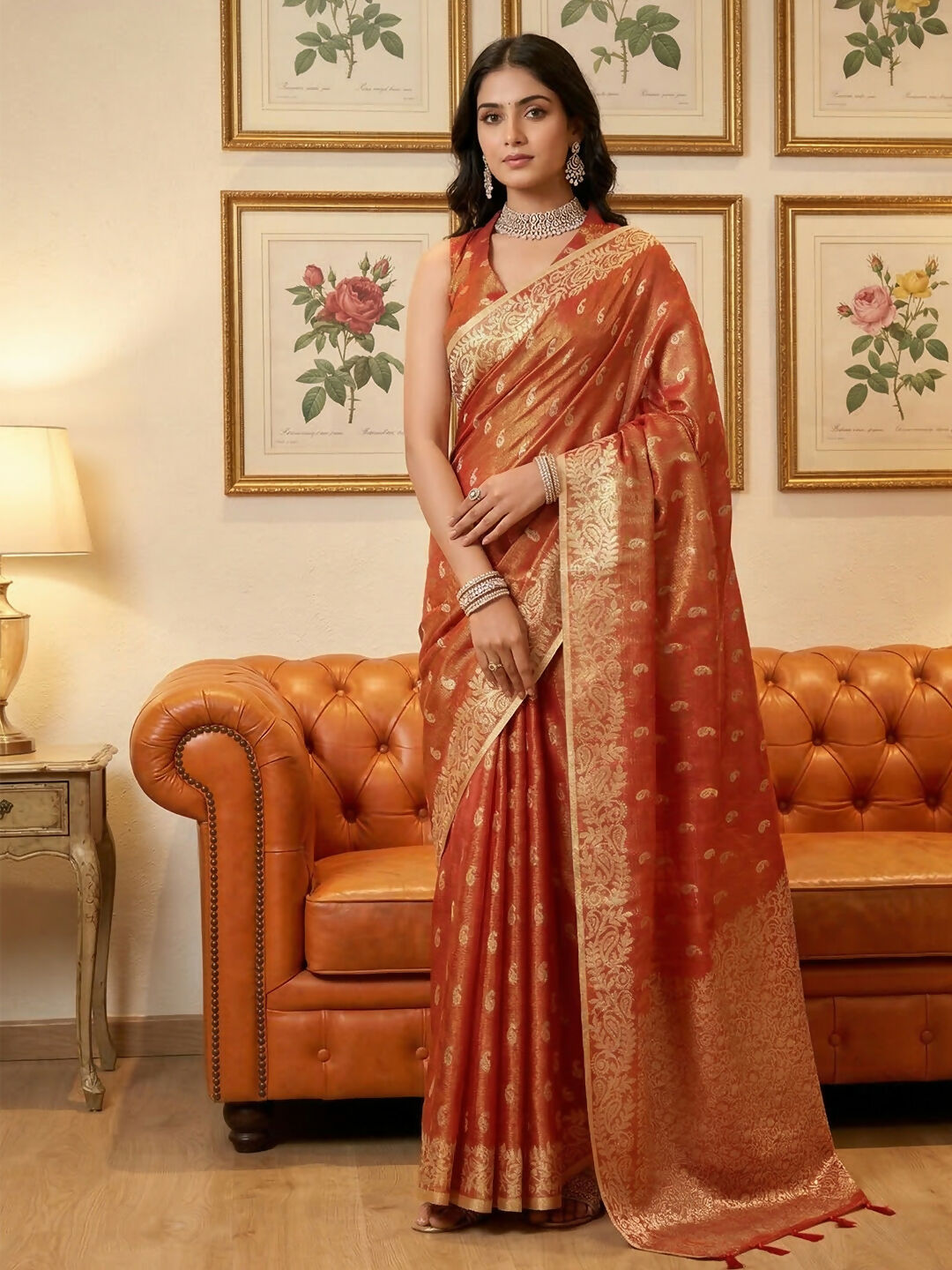 Shree Shyam Fashion Rust Tissue Silk Saree