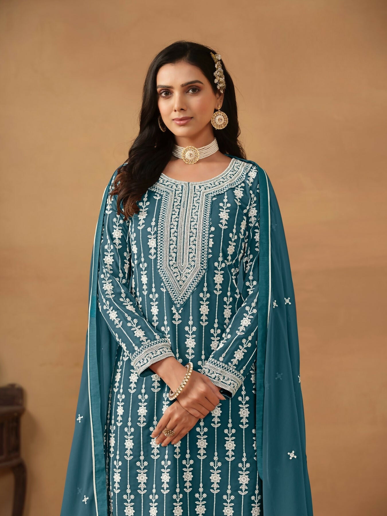 Anaita Teal Embroidered Faux Georgette Salwar Suit