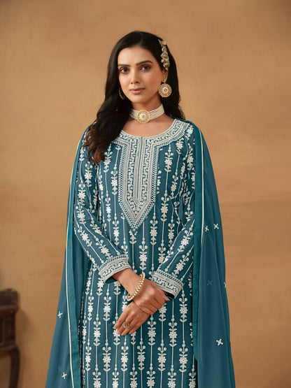 Anaita Teal Embroidered Faux Georgette Salwar Suit