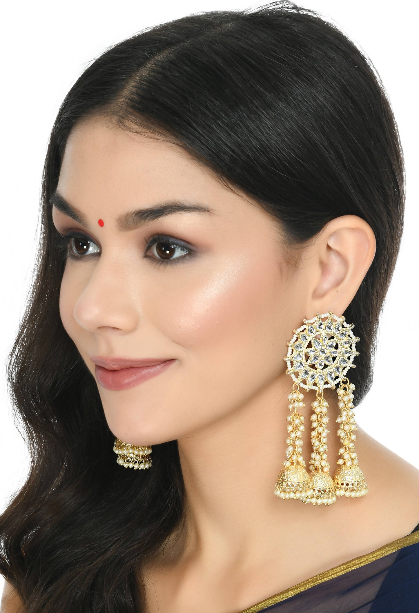 Mominos Fashion Johar Kamal Golden Plated Earrings With Kundan & Pearls