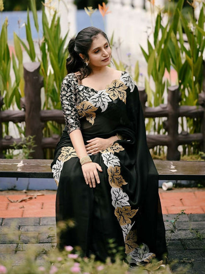 Vastranavya Satin Chiffon Silk Beautiful Designer Zari Thread Embroidery work of Leaf Design with Cutwork Border Saree with Blouse Material - Black