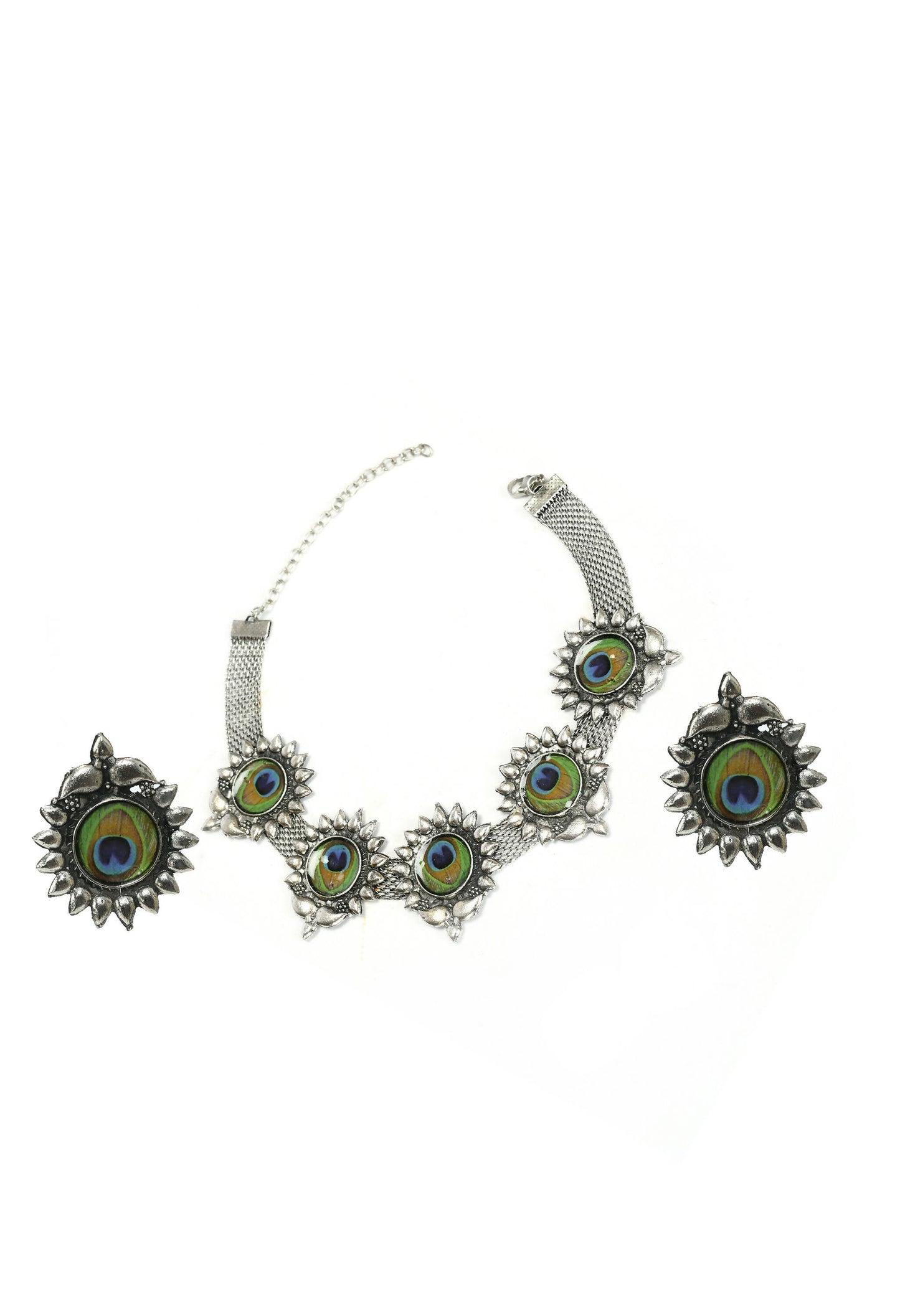 Mominos Fashion Johar Kamal Oxidised Silver-Plated Peacock Wings Work Necklace Handicraft