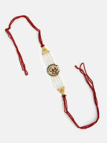 NVR Women & Men Set of 2 White Pearl Bhaiya Bhabhi Rakhi With Roli Chawal