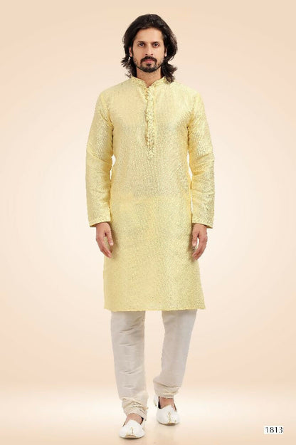 Raivat Ethnic Jacquard Banarasi Silk Pintux Work Kurta Pajama In Lemon Colour