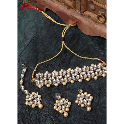 Mominos Fashion Trendy Gold-Polished with Stone & Pearls Necklace Set