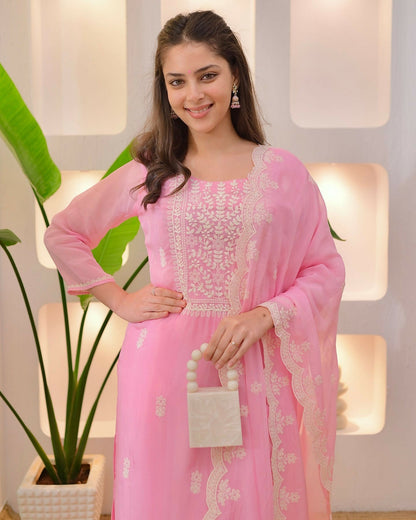 The52 Pink Women's Beautiful Chikankari Work Chanderi Fabric Straight Kurta Pant and Dupatta Set