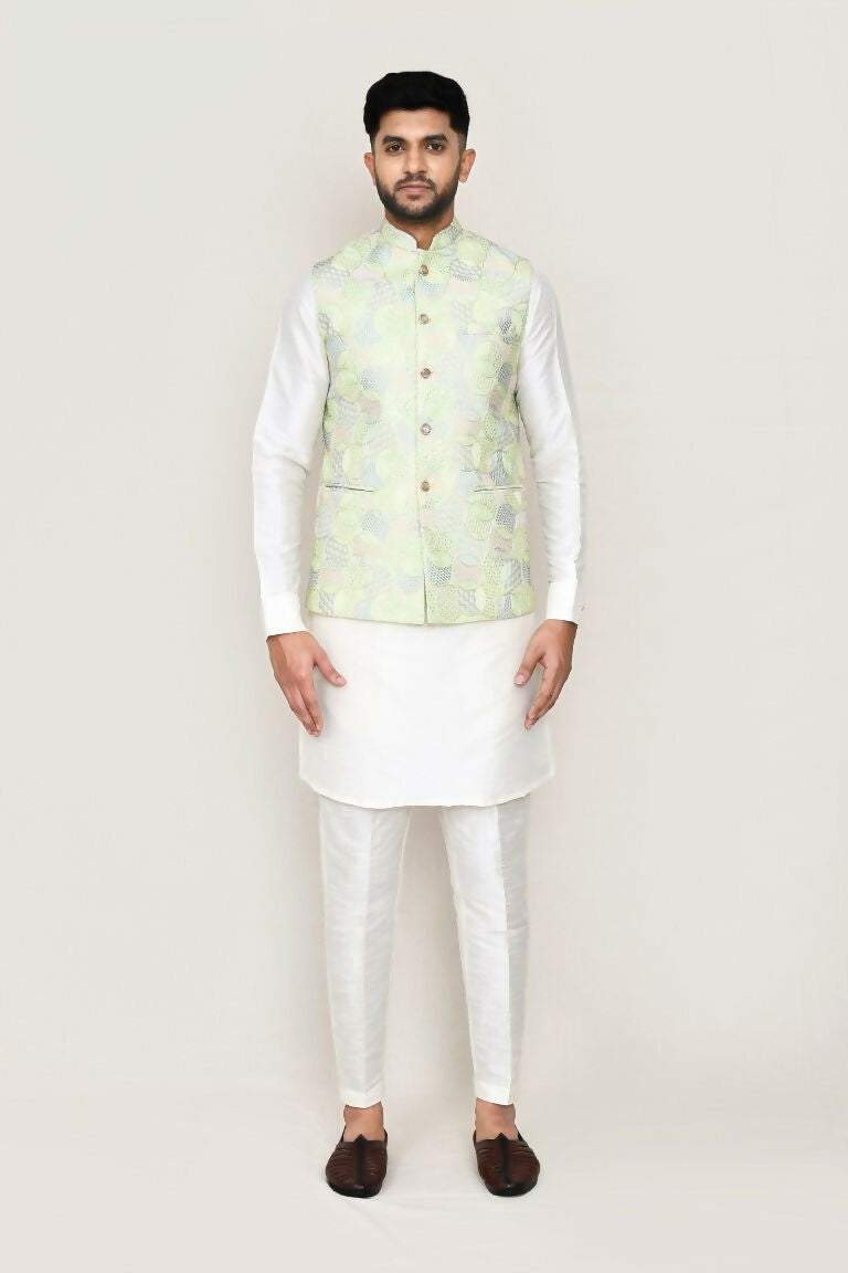 Joban Fashion Green Colored Art Silk Based Full Embroidered Work Men's Jacket