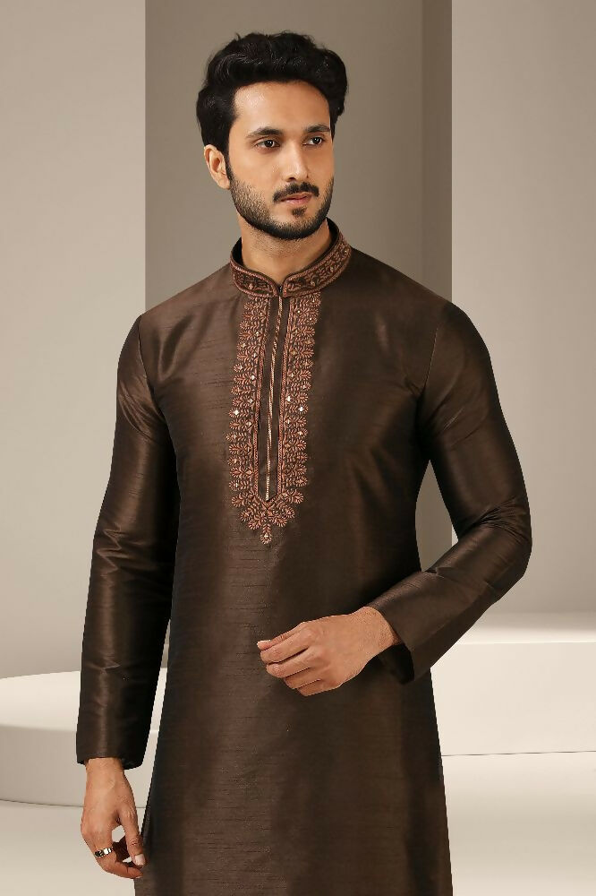 Raivat Ethnic Banarasi Art Silk Mirror Work Kurta Pajama In Brown Colour