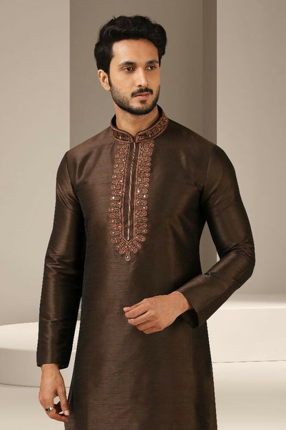 Raivat Ethnic Banarasi Art Silk Mirror Work Kurta Pajama In Brown Colour