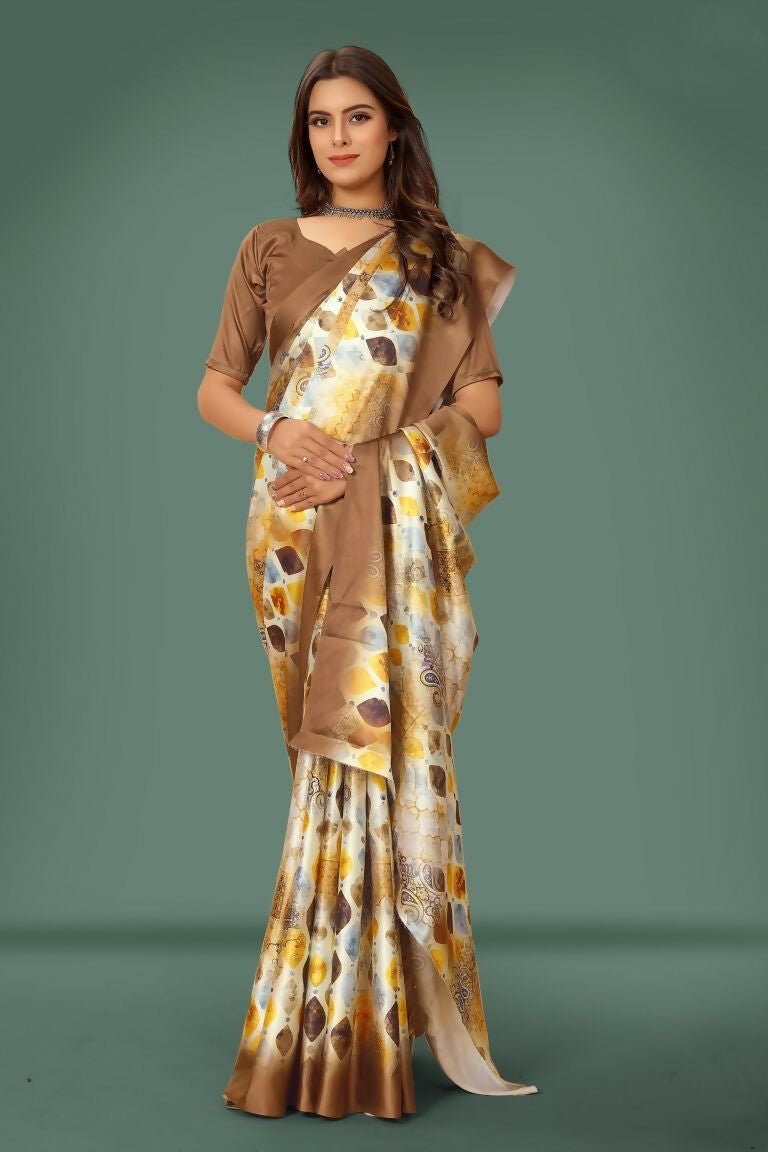 Aayaa Designer Printed Satin Saree - Multi Color