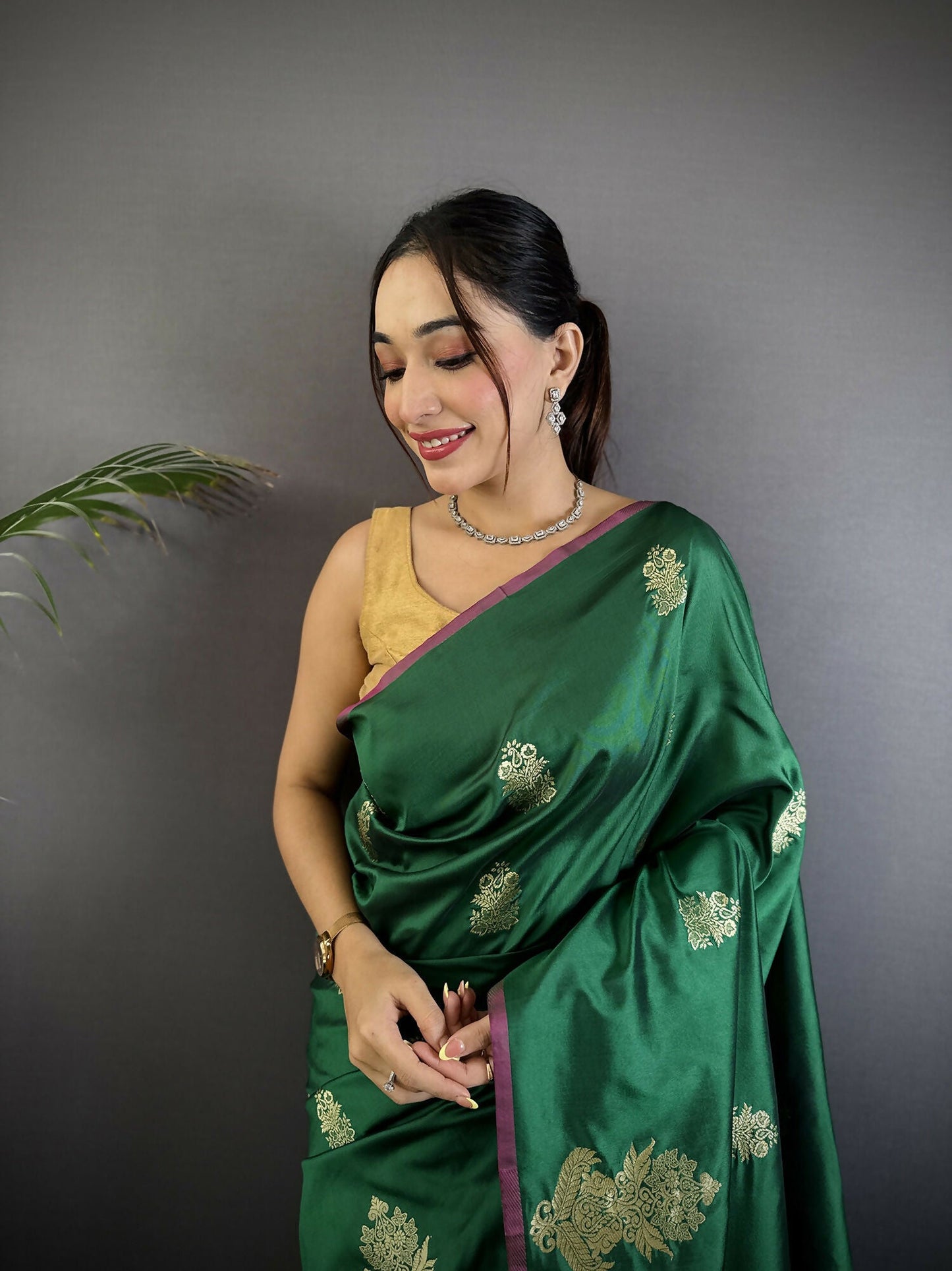 Joban Fashion Dark Green Banarasi Lichi Silk Gold Zari Meena Saree