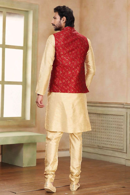 Raivat Ethnic Jacquard Banarasi Silk Woven Work 3 Pics Jacket Set In Maroon Colour