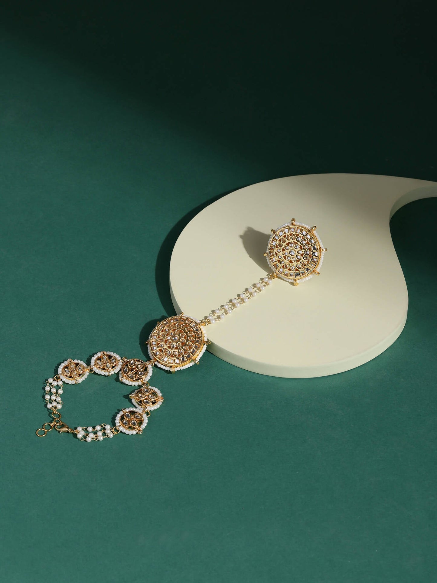 Women's Gold-Toned White Brass Kundan Gold-Polished Charm Bracelet - Ruby Raang