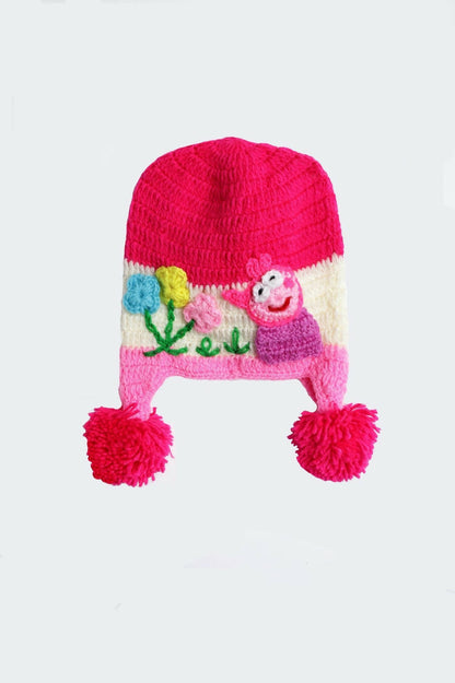 Chutput Kids Woollen Hand Knitted Flower And Animal Detailed Cap - Pink