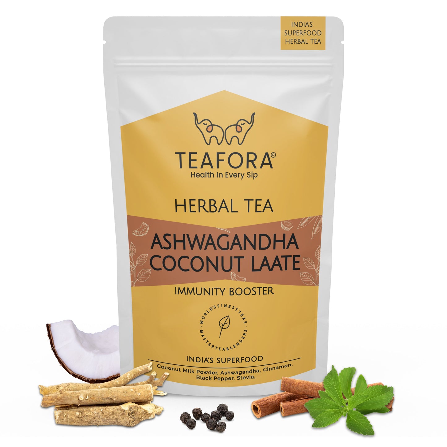 TEAFORA Ashwagandha Coconut Latte | CAFFEINE-FREE Herbal Tea | Indian Superfoods Ashwagandha & Coconut | Relieves Stress and Supports Immunity | 100% NATURAL