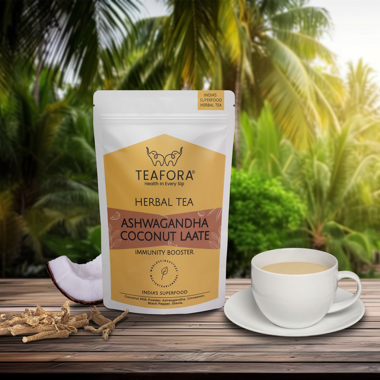 TEAFORA Ashwagandha Coconut Latte | CAFFEINE-FREE Herbal Tea | Indian Superfoods Ashwagandha & Coconut | Relieves Stress and Supports Immunity | 100% NATURAL