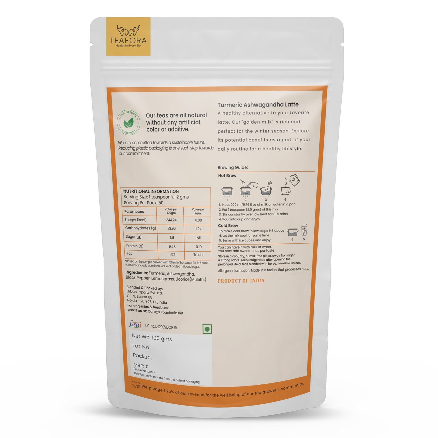 TEAFORA Turmeric Ashwagandha Latte | Golden Milk Powder | Authentic Indian Remedy | Supports Immunity and Improves Overall Health | 100% NATURAL