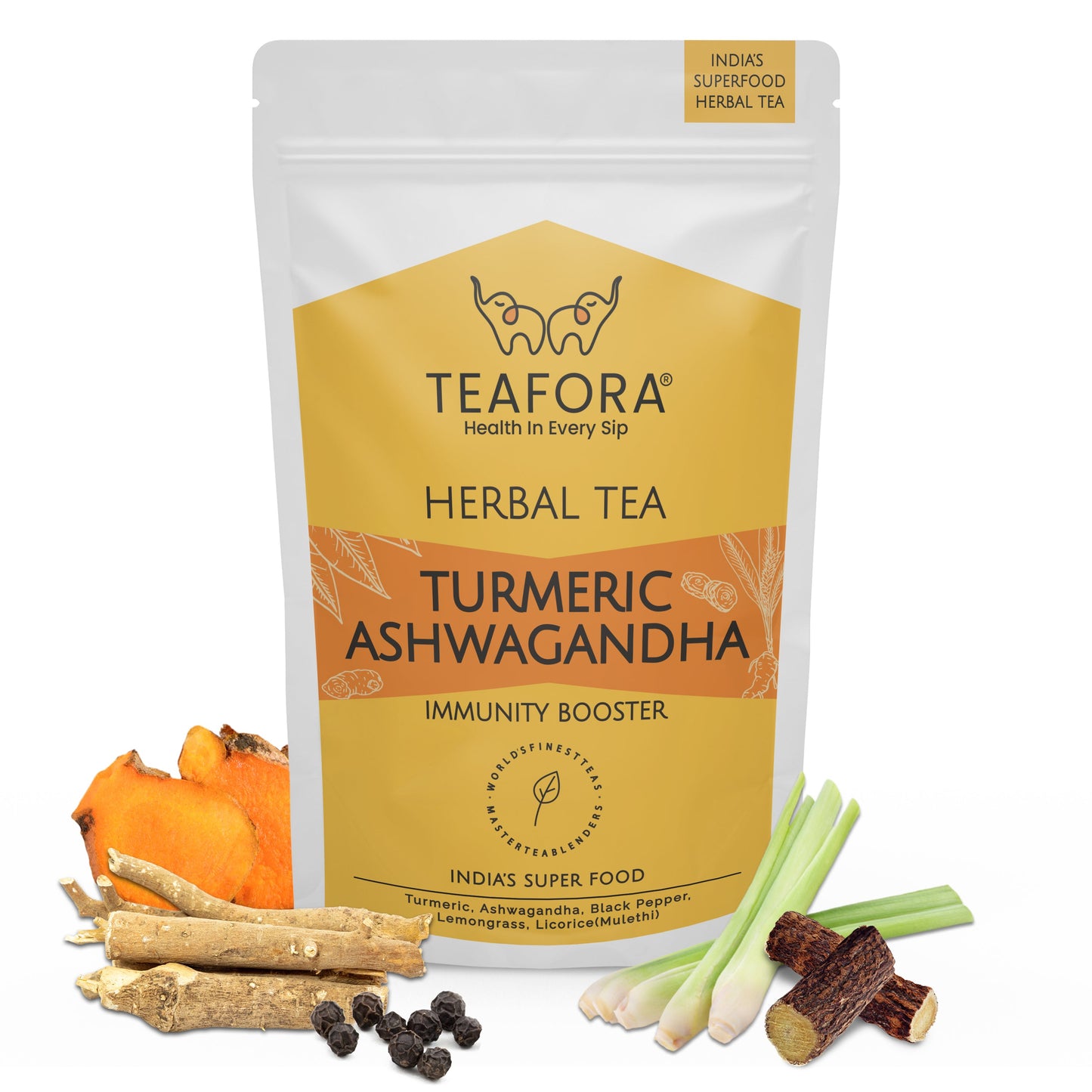 TEAFORA Turmeric Ashwagandha Herbal Tea | CAFFEINE-FREE | Indian Superfoods Blended with Black Pepper & Licorice | Supports Immunity | 100% NATURAL INGREDIENTS
