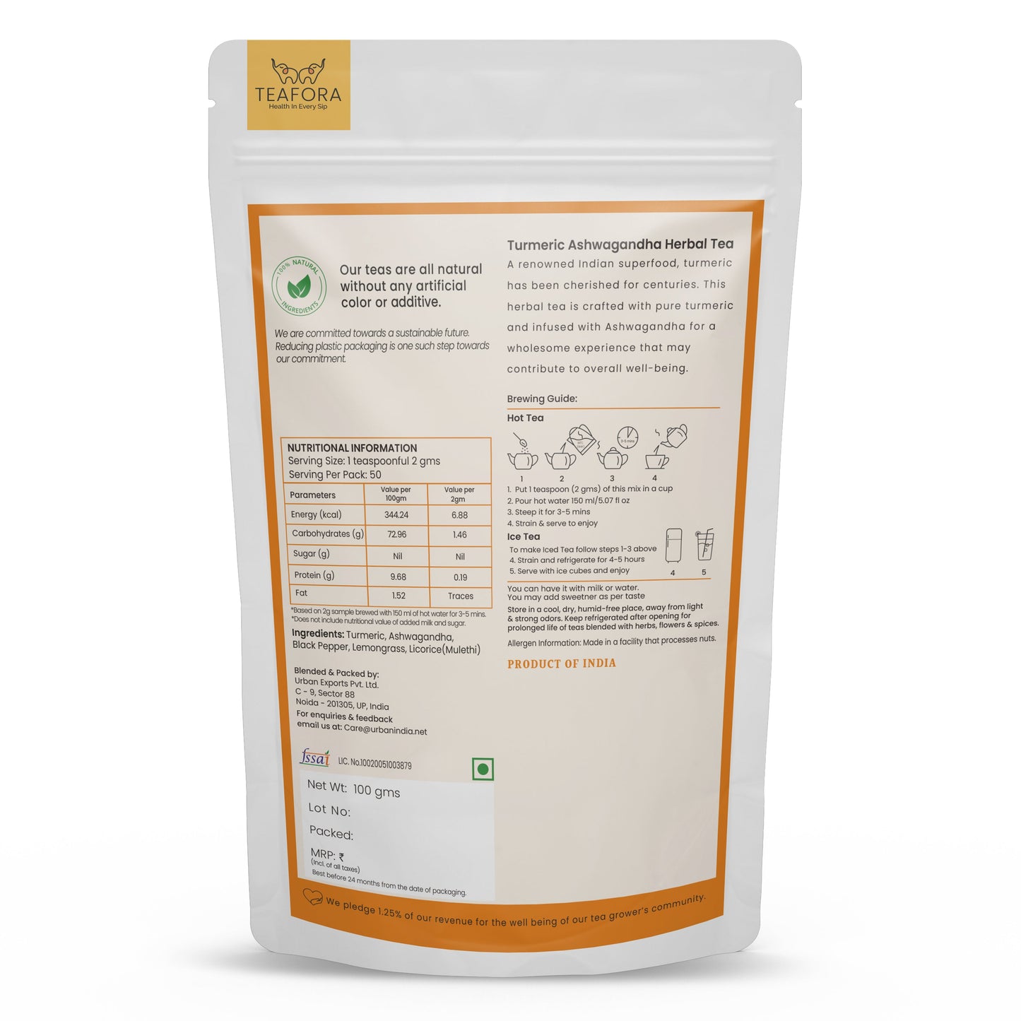 TEAFORA Turmeric Ashwagandha Herbal Tea | CAFFEINE-FREE | Indian Superfoods Blended with Black Pepper & Licorice | Supports Immunity | 100% NATURAL INGREDIENTS