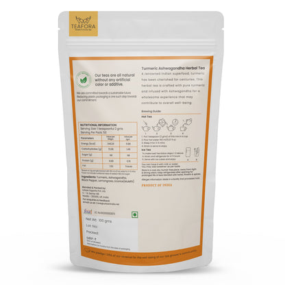 TEAFORA Turmeric Ashwagandha Herbal Tea | CAFFEINE-FREE | Indian Superfoods Blended with Black Pepper & Licorice | Supports Immunity | 100% NATURAL INGREDIENTS
