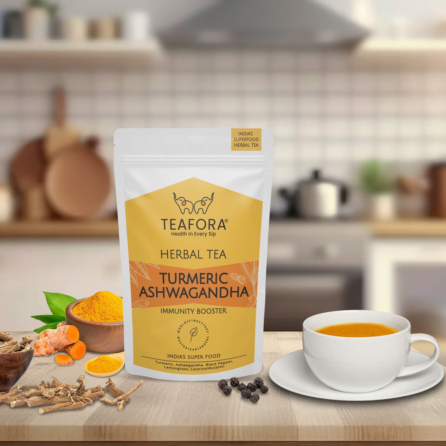 TEAFORA Turmeric Ashwagandha Herbal Tea | CAFFEINE-FREE | Indian Superfoods Blended with Black Pepper & Licorice | Supports Immunity | 100% NATURAL INGREDIENTS