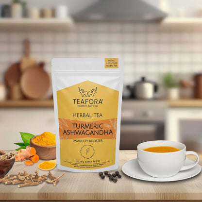 TEAFORA Turmeric Ashwagandha Herbal Tea | CAFFEINE-FREE | Indian Superfoods Blended with Black Pepper & Licorice | Supports Immunity | 100% NATURAL INGREDIENTS
