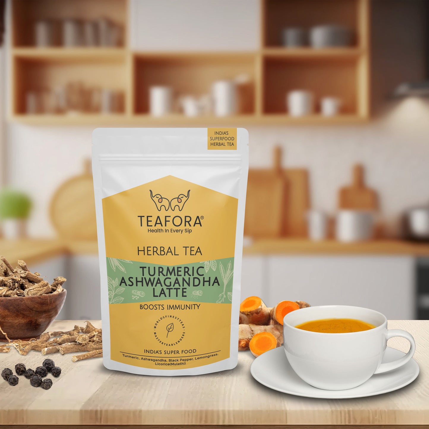 TEAFORA Turmeric Ashwagandha Latte | Golden Milk Powder | Authentic Indian Remedy | Supports Immunity and Improves Overall Health | 100% NATURAL