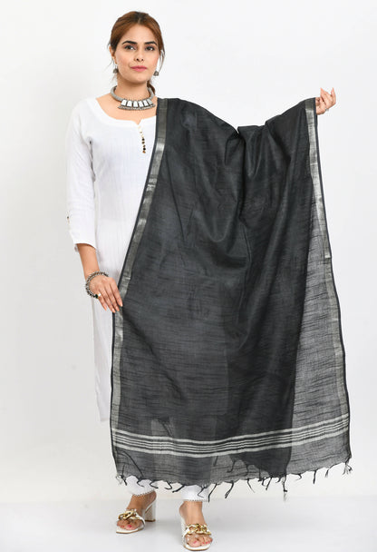 Mominos Fashion Moeza Women's Linen Cotton Silver Border Black Dupatta