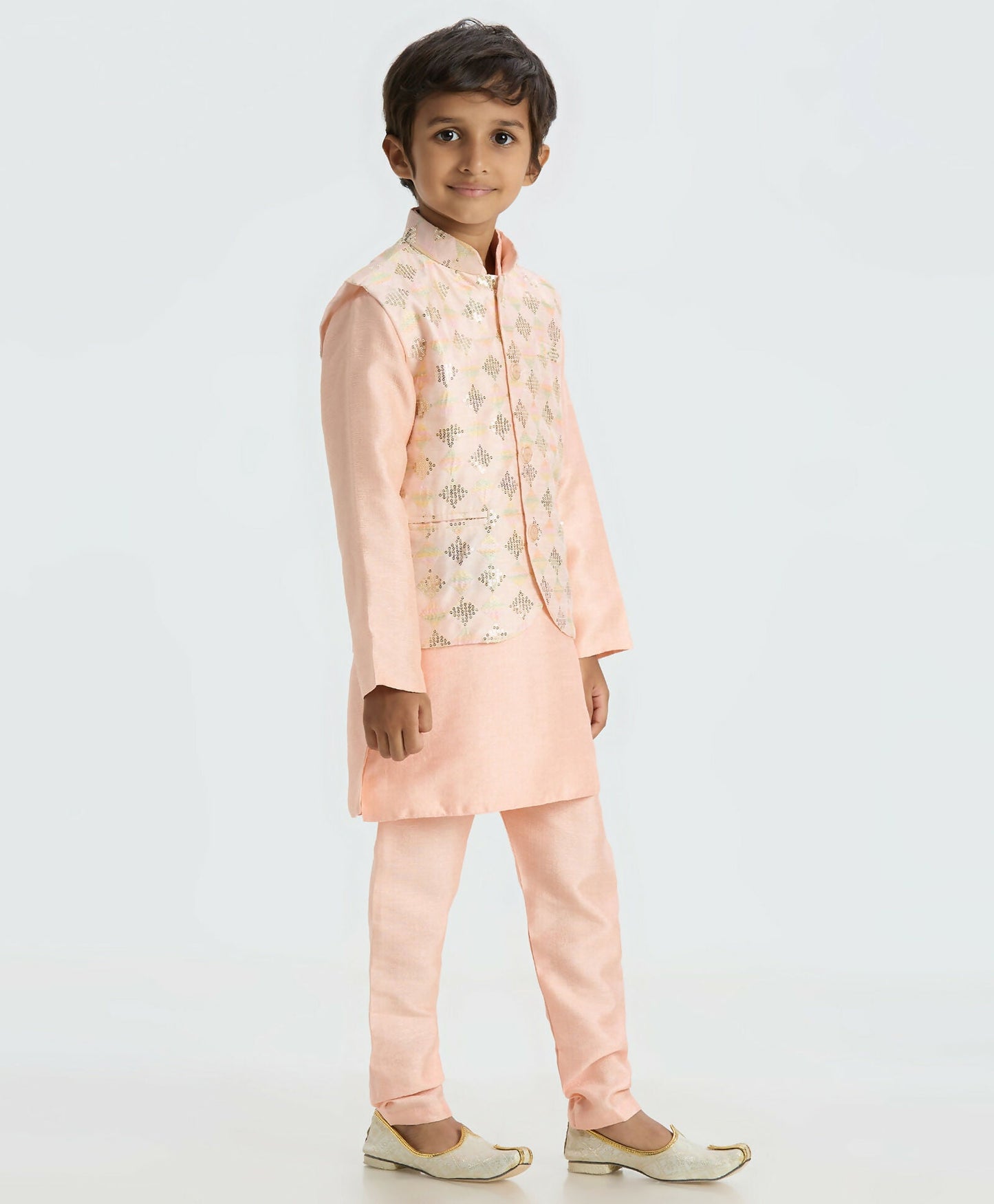 Joban Fashion Kids Island Traditional with a modern touch Nehru Jacket Full Sleeves Kurta, Pyjama Set - Peach