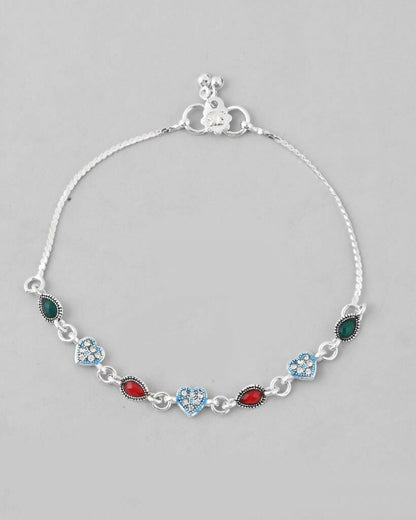 VOJ Set of 2 Silver Plated Heart Shaped Stone Studded Anklet