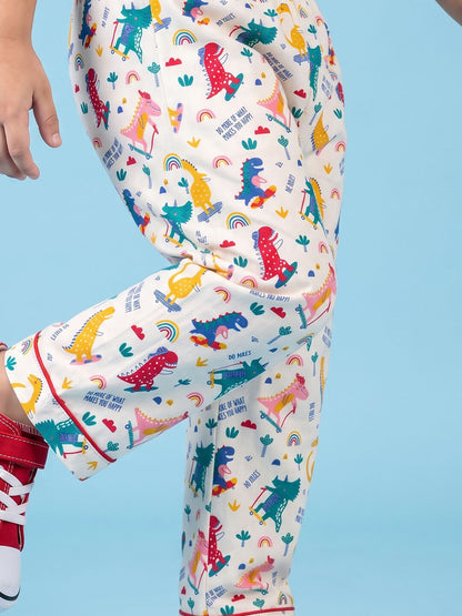 Breathables Woven Cotton Half Sleeves Dino Shirt & Pyjama White