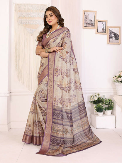 Joban Fashion Lavender Floral Print pattern Banarasi Silk Sarees